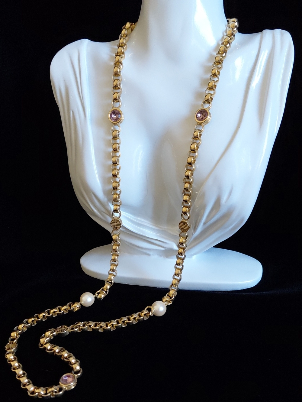 Vintage Givenchy GP Rolo Chain Faux Pearl Pink Crystal Necklace 36.75"
